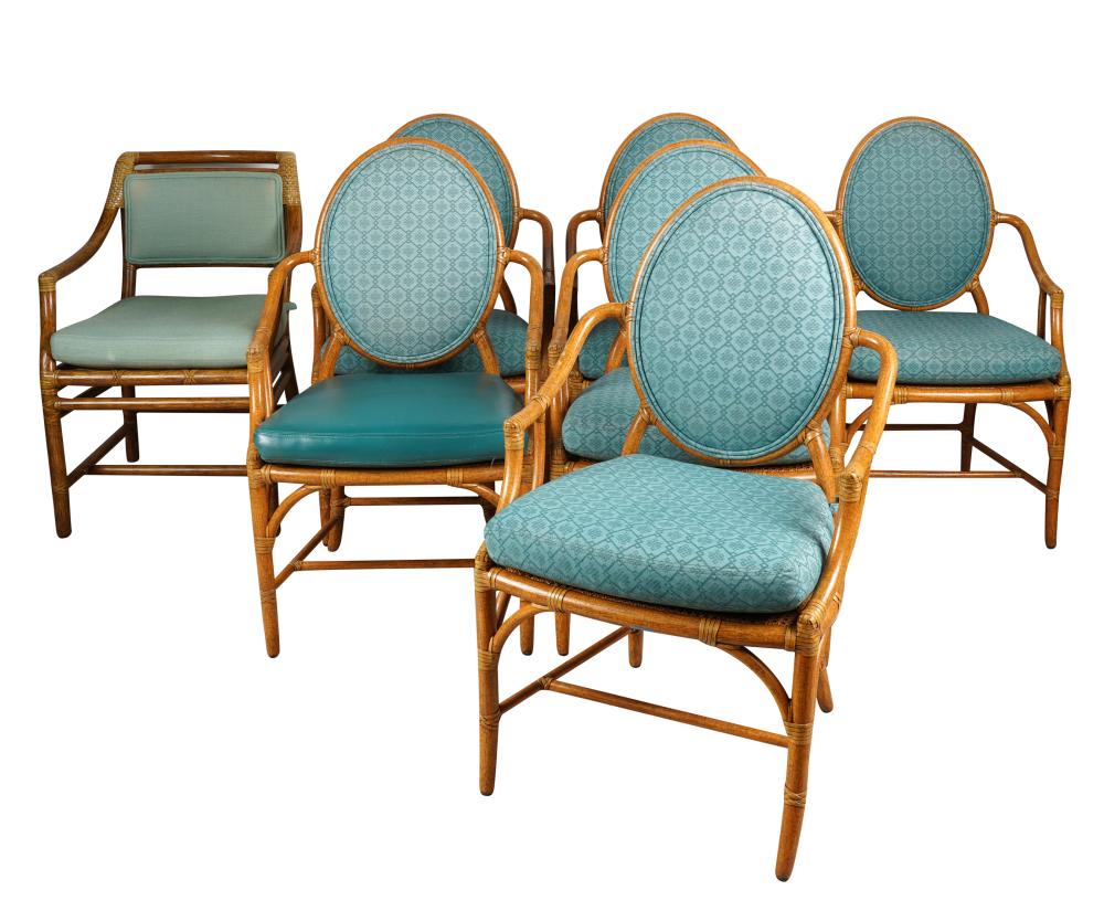 Appraisal: SET OF MCGUIRE RATTAN DINING CHAIRSmanufacturer's metal label comprising nine