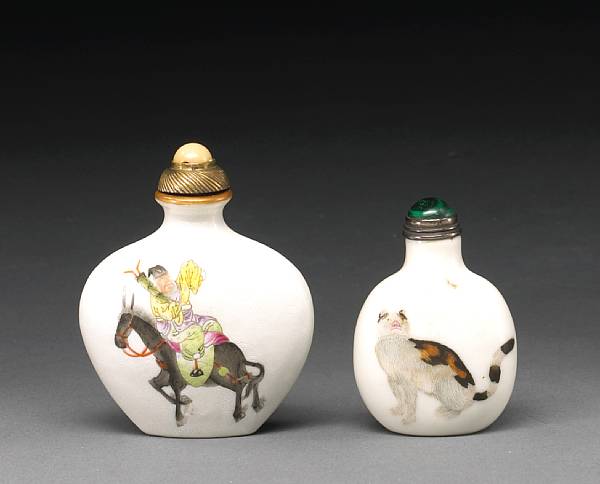 Appraisal: Two enameled porcelain snuff bottles Daoguang Mark Each with the