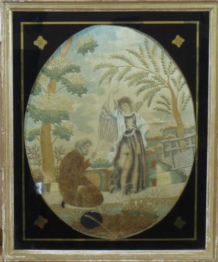 Appraisal: A Regency oval silk work panel in coloured silk threads