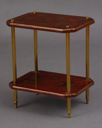 Appraisal: CHINOISERIE BRASS-MOUNTED RED LACQUER TWO-TIER TABLE The tiers with waved