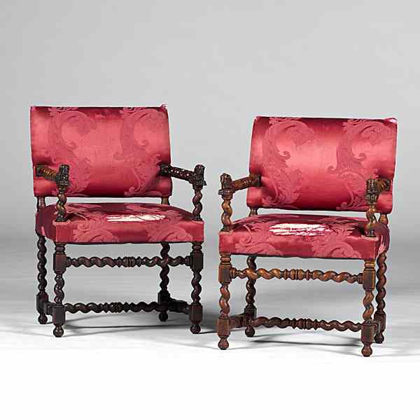 Appraisal: Louis XIII-Style Fauteuils Continental mid- th century Pair of oak