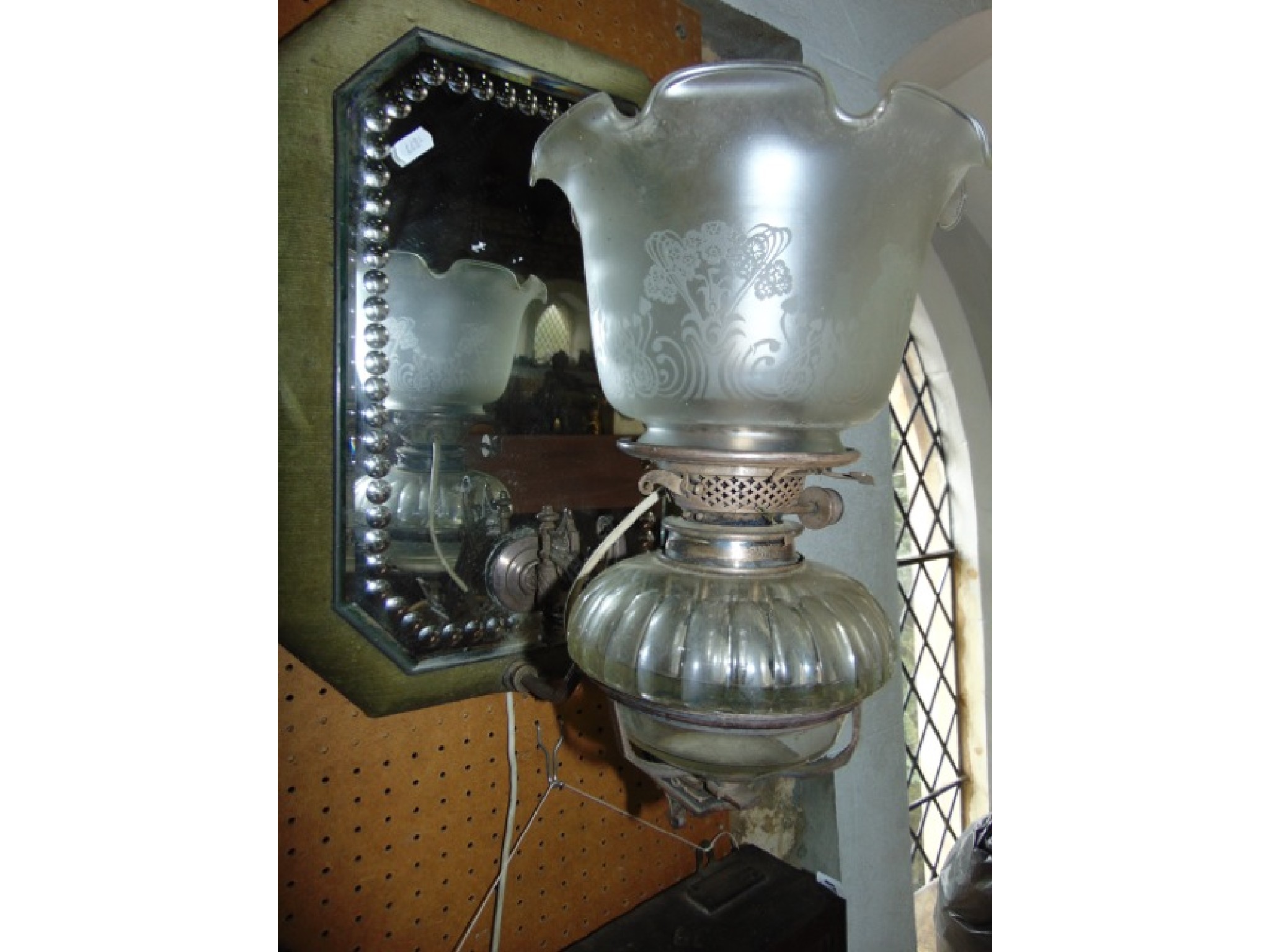 Appraisal: A wall mounted oil burning lamp electric with a Hinks