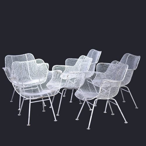 Appraisal: RUSSELL WOODARD Set of six white wire mesh armchairs x