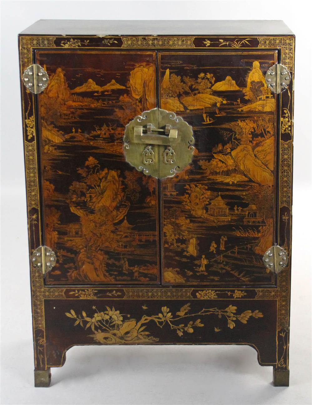 Appraisal: CHINESE BLACK AND GILT LACQUERED CABINET the rectangular top over