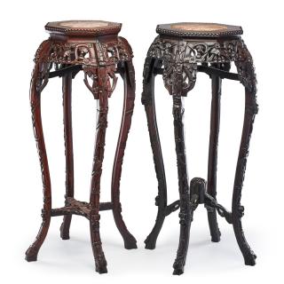 Appraisal: ASSOCIATED PAIR OF CHINESE HARDWOOD STANDS Each with marble inset