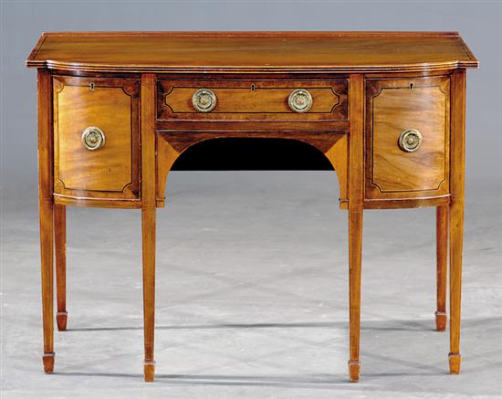 Appraisal: Hepplewhite style inlaid mahogany bowfront drinks table circa shaped top