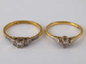 Appraisal: Two yellow metal tests carat gold diamond solitaire rings sizes