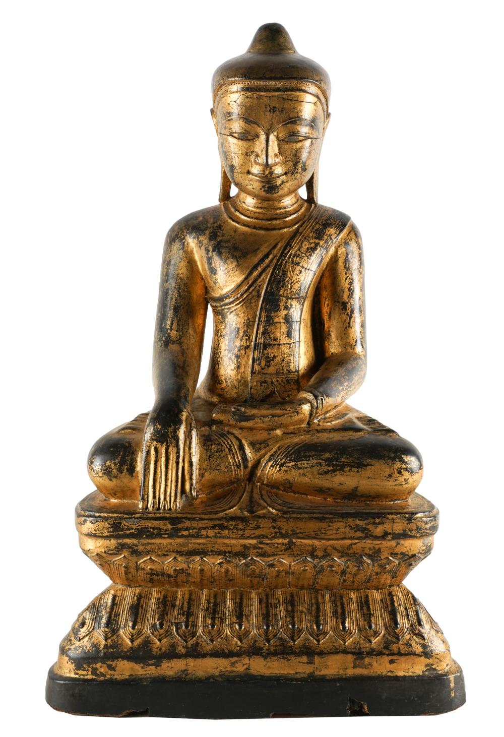 Appraisal: SOUTHEAST ASIAN CARVED GILT WOOD BUDDHA FIGURECondition small hole approximately