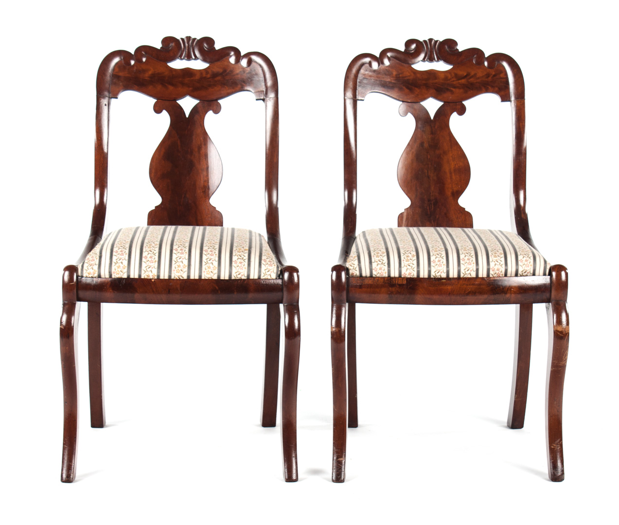 Appraisal: Pair of Restoration Klismos chairs circa carved scrolled crest rails