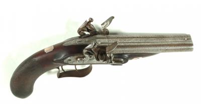 Appraisal: A DOUBLE BARRELLED COACHING PISTOL with damascus barrels inscribed LEEDS