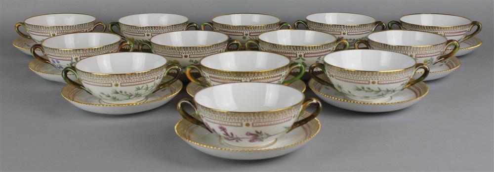 Appraisal: THIRTEEN ROYAL COPENHAGEN 'FLORA DANICA' TWO-HANDLED SOUP BOWLS AND SAUCERS