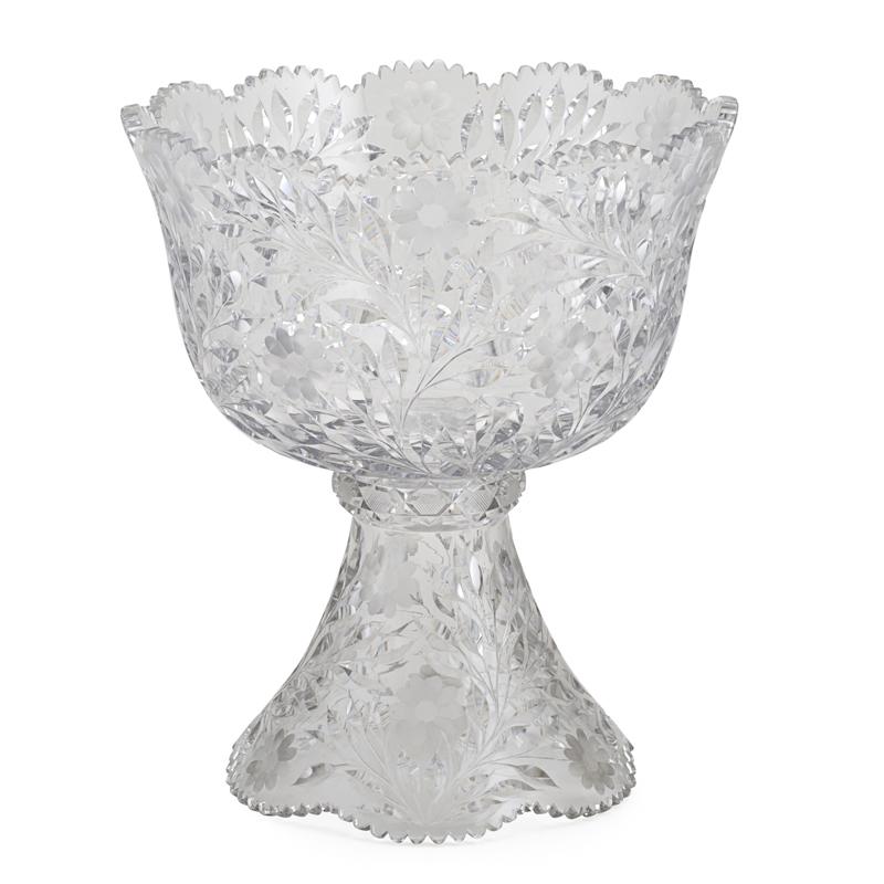 Appraisal: AMERICAN CUT GLASS PUNCH BOWL Etched floral all over design