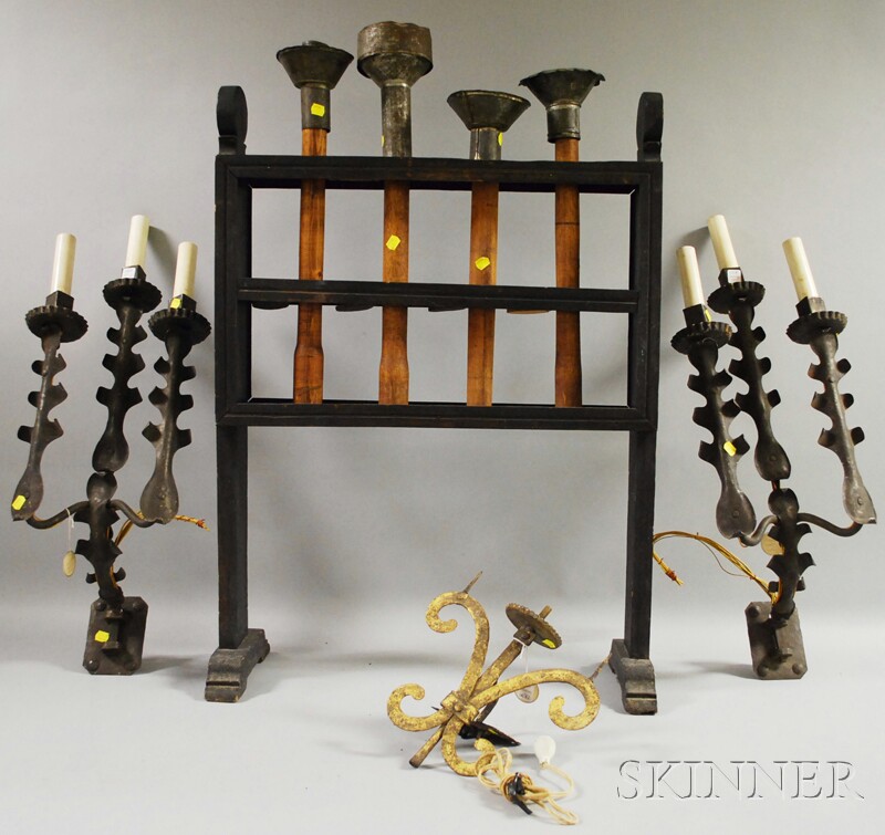 Appraisal: Group of Assorted Decorative Lighting a black-painted wood stand with