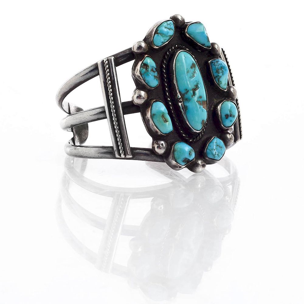 Appraisal: NATIVE AMERICAN SILVER BRACELET WITH INSET TURQUOISE Cuff bracelet with