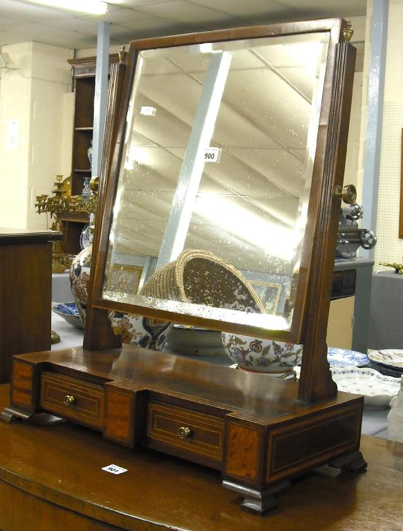 Appraisal: Good mahogany and satinwood toilet mirror the bevelled glass swing