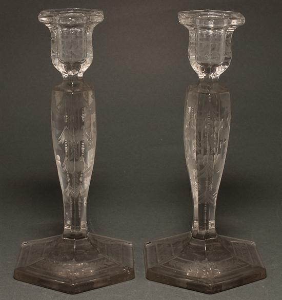 Appraisal: Pair of Hawkes etched glass candlesticks th century floral and