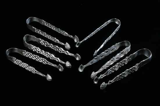 Appraisal: SIX GEORGE III SILVER SUGAR TONGS Makers including Hester Bateman