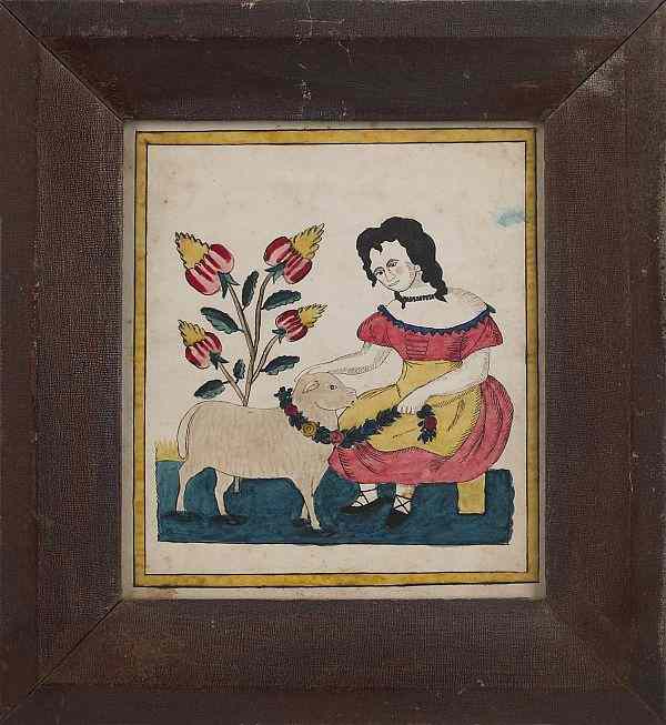 Appraisal: Pennsylvania watercolor fraktur drawing of a girl with a sheep