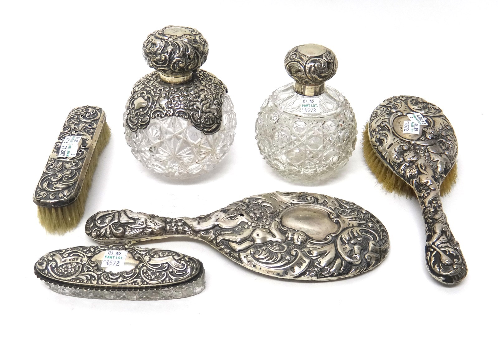 Appraisal: Silver mounted dressing table wares comprising two faceted glass globular