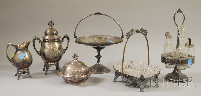 Appraisal: Six Silver Plated Bright-cut Serving Items including a five-bottle cruet