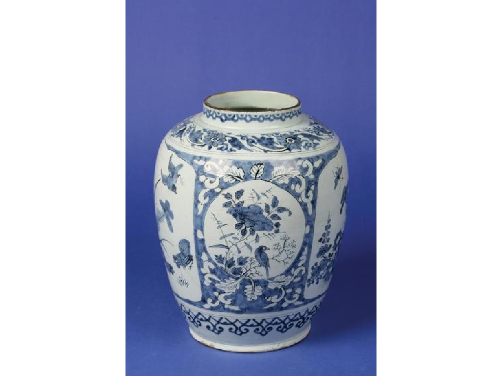 Appraisal: A DELFTWARE BLUE AND WHITE VASE decorated with panels cockerels