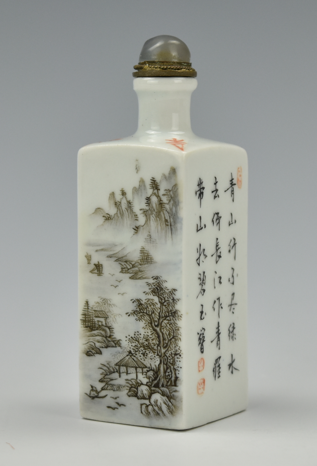 Appraisal: CHINESE SQUARE SNUFF BOTTLE W LANDSCAPE TH C A Chinese