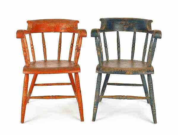 Appraisal: Two painted firehouse Windsor chairs th c