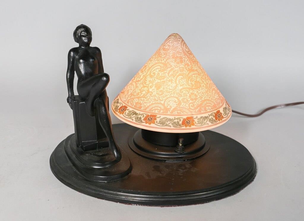 Appraisal: ART NOUVEAU FIGURAL LAMP WITH BELLOVA SHADEArt nouveau figural lamp