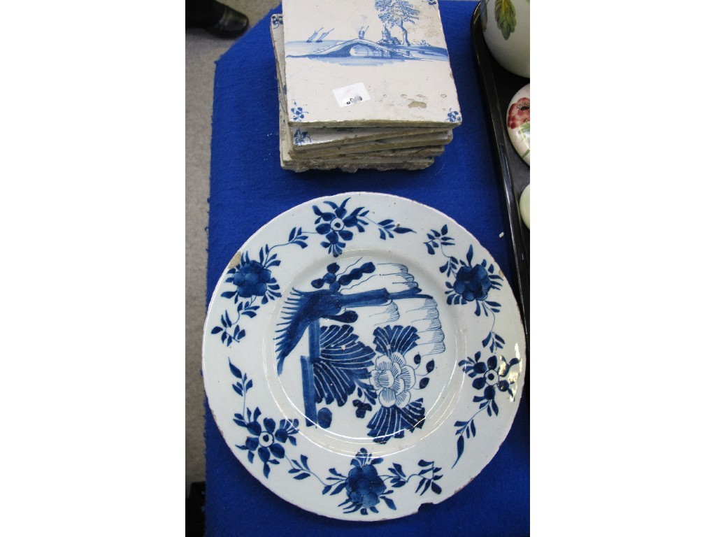 Appraisal: Five Delft tiles and a blue and white plate