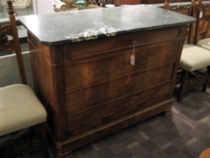 Appraisal: French provincial walnut chest of drawers The rectangular grey veined