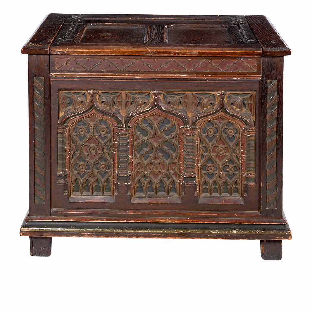 Appraisal: Gothic Style Carved Oak Chest The rectangular paneled hinged top