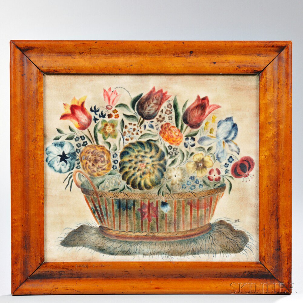 Appraisal: Framed Watercolor on Velvet Theorem with a Basket of Flowers