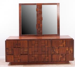 Appraisal: Lane Brutalist Style Long Dresser w Mirror Lane Furniture Brutalist