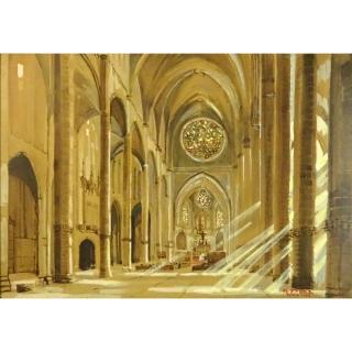 Appraisal: K Franz th Century Watercolor and Highlights Church Interior with