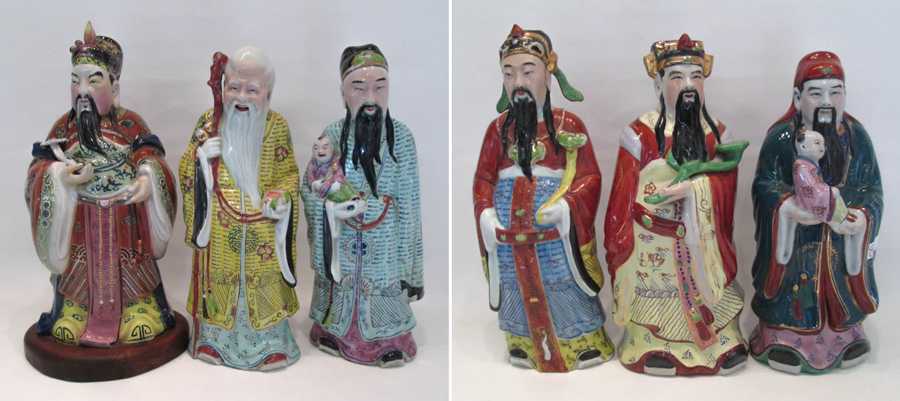 Appraisal: SIX CHINESE PORCELAIN FIGURAL SCULPTURES depicting Fuk Luk and Sau