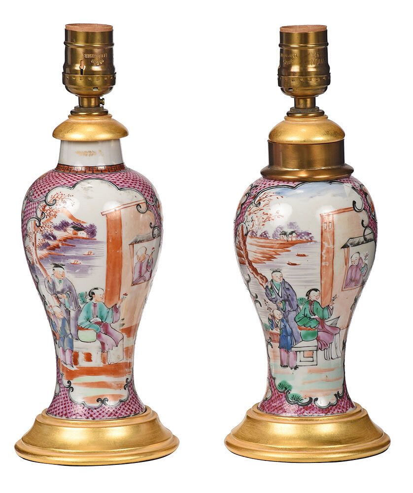 Appraisal: Pair of Chinese Export Vases Mounted as Lamps Qing dynasty