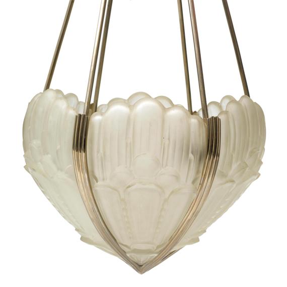 Appraisal: FRENCHCEILING LIGHT circa Moulded metal and frosted glass Glass elements