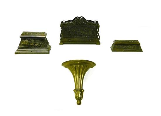 Appraisal: Four pieces of metalwork including three piece brass desk set