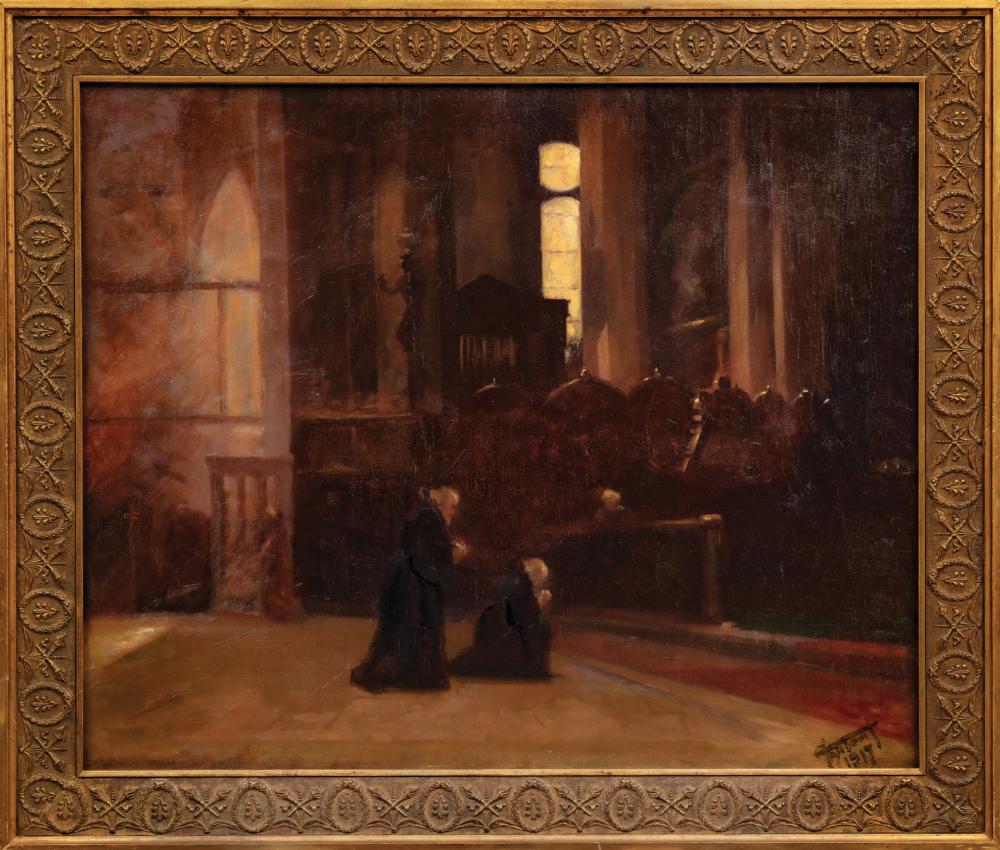 Appraisal: Continental School Monks in Prayer oil on canvas illegibly signed