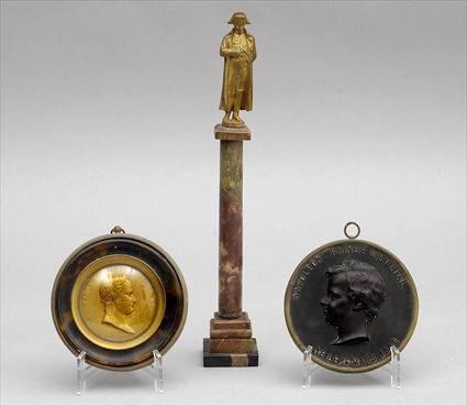 Appraisal: GILT-METAL FIGURE OF NAPOLEON ON A COLUMN AND TWO RONDELSModeled