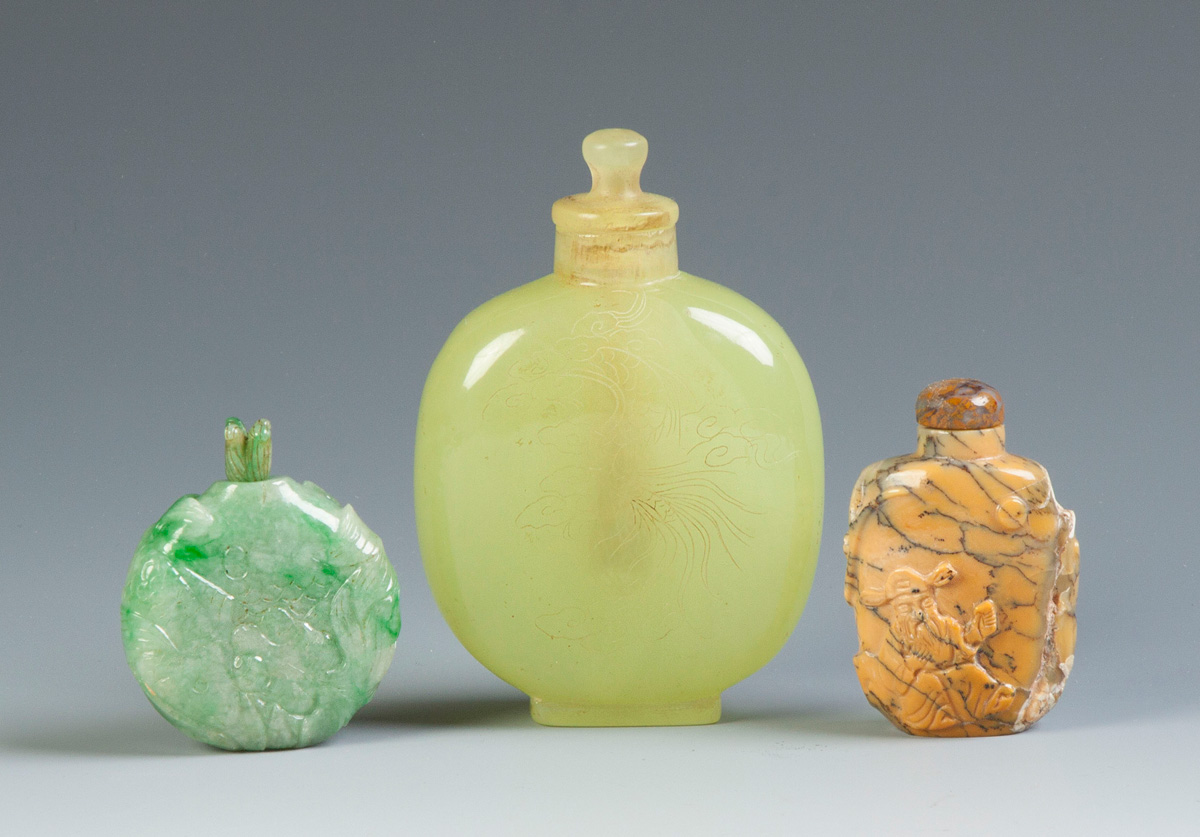 Appraisal: Three Chinese Snuff Bottles Carved Jade w prunis fruit fish