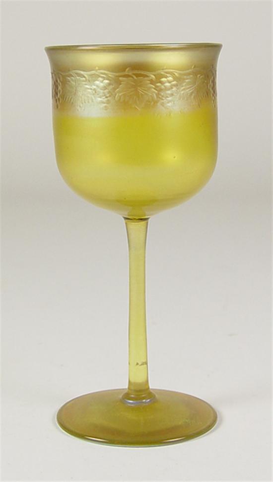 Appraisal: Tiffany-Style Wine Goblet Gold iridescent goblet with etched grape and