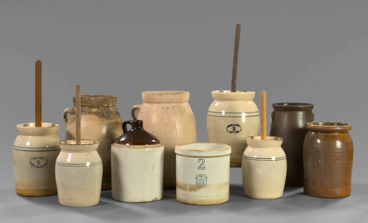 Appraisal: Collection of Ten Stoneware Churns and Storage Crocks Jugs consisting