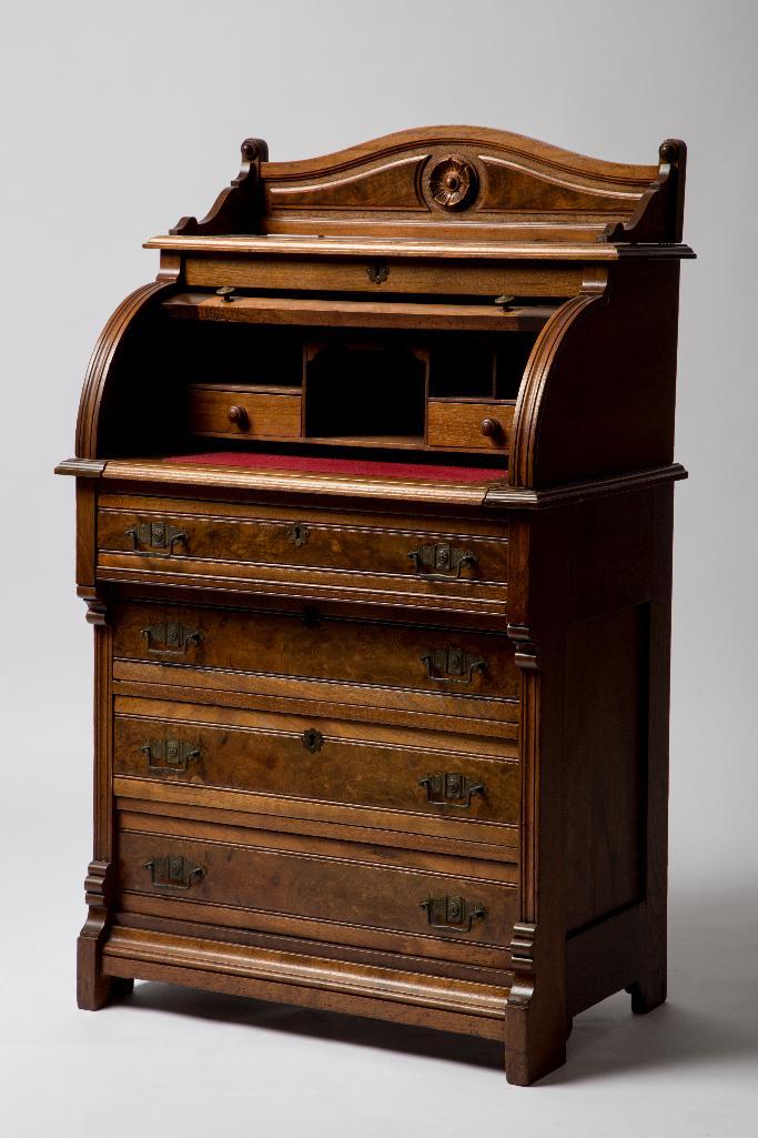 Appraisal: EASTLAKE STYLE ROLL TOP DESK WITH BURL Fine roll top