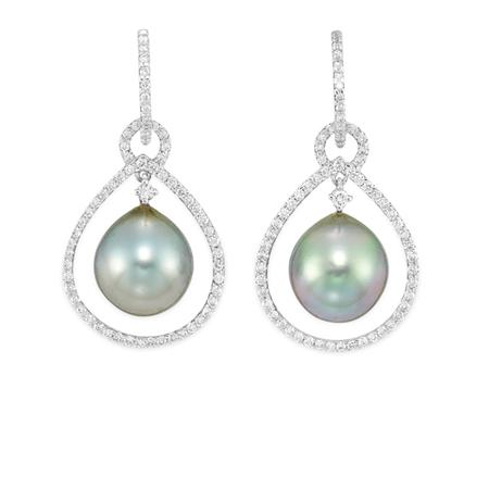 Appraisal: Pair of White Gold Diamond and Black Cultured Pearl Pendant-Earrings