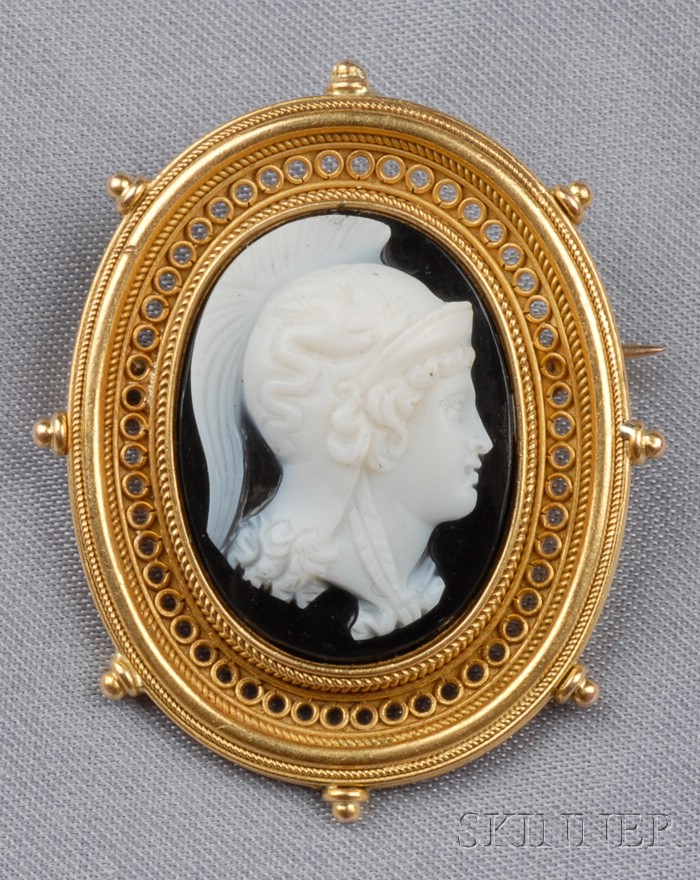 Appraisal: Etruscan Revival kt Gold and Onyx Cameo Brooch carved to