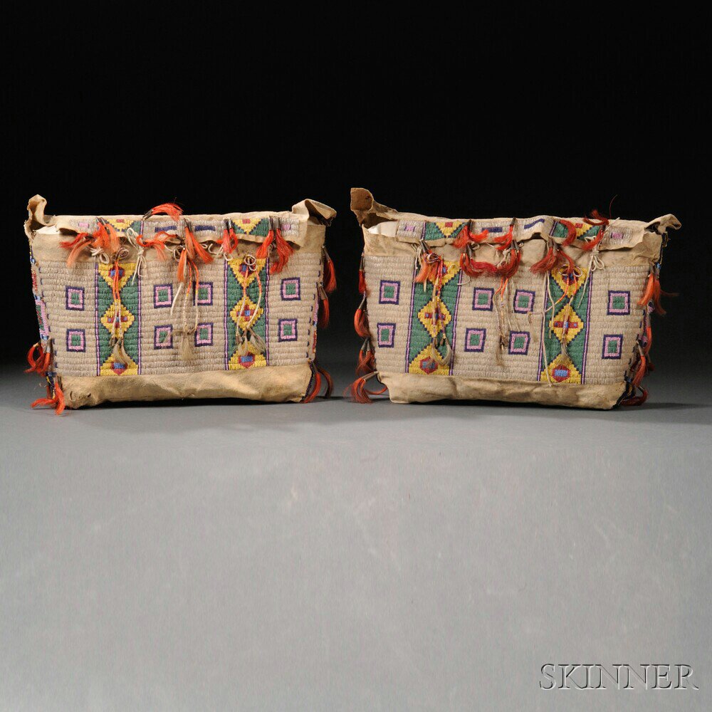 Appraisal: Pair of Plains Beaded Buffalo Hide Possible Bags c last