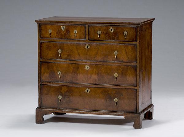 Appraisal: GEORGE I FIVE-DRAWER CHEST English ca - with walnut veneers