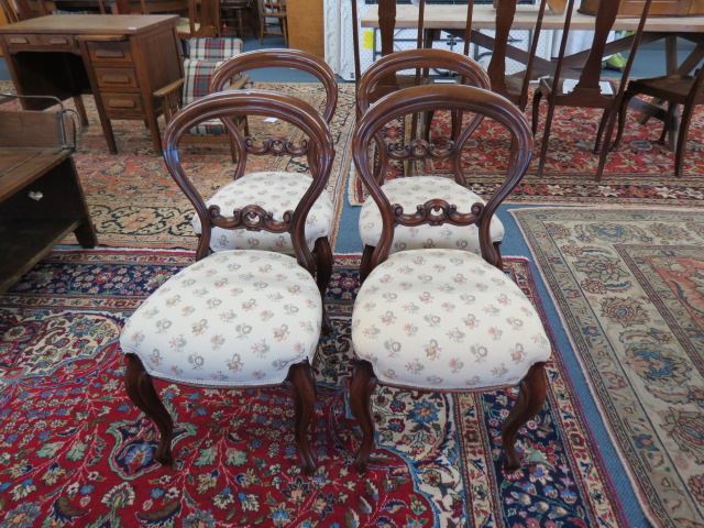 Appraisal: Mahogany Chairs balloon back carved fine floral borocade seats