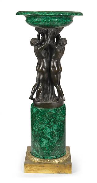 Appraisal: A French gilt and patinated bronze malachite veneered figural centerpiece